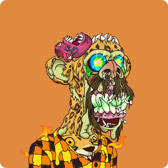 The image features a cartoon character with a face painted like a leopard's spots, wearing an orange shirt and a hat that has a pink band around it. The character appears to be a monkey or a leopard-like creature with a goatee and a mustache. The background of the image is orange, which contrasts with the character's fur patterned face. There are also some words written in white text at the bottom right corner of the image that read "Another post, now essentially routine -- appreciating Mutants."