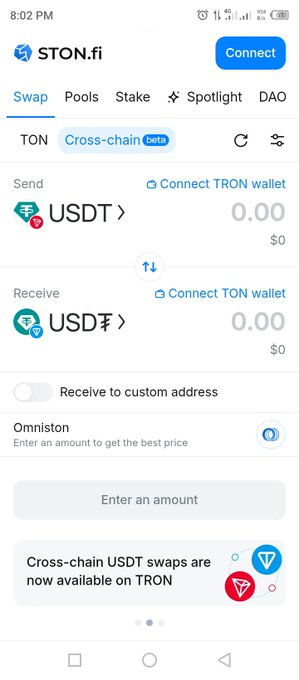 Mobile screenshot of the STON.fi decentralized exchange showing a USDT (TRC-20) to USDT (TON) cross-chain swap interface with a Connect button and omniston toggle.
