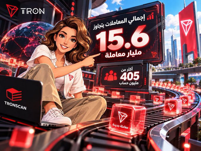 The image shows a stylized cartoon woman pointing at a digital display highlighting "15.6" billion transactions and "405 million accounts" alongside TRON and TronScan branding, visually reinforcing the milestone mentioned in the post by making the massive numbers feel tangible and approachable.