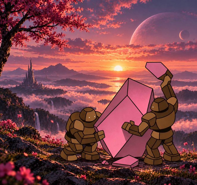 A fantasy landscape at sunset with a large moon, featuring golem-like figures working with a pink crystal in the foreground and a distant castle.