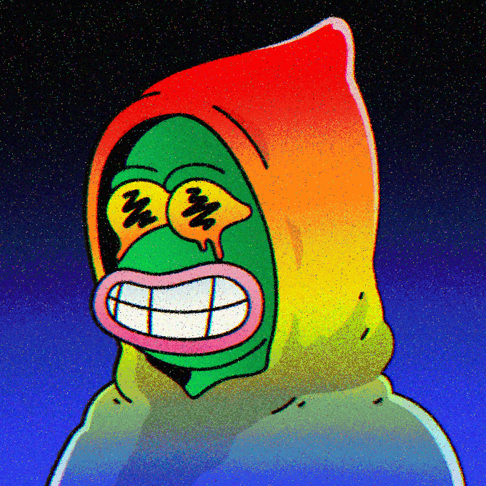 A digital illustration of a green-faced character wearing a hood that fades from red to yellow, featuring closed Z-shaped eyes and a wide, toothy grin against a starry background.
