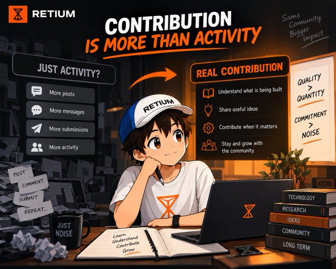 An anime-style illustration features a character wearing a RETIUM cap at a laptop, with the heading "CONTRIBUTION IS MORE THAN ACTIVITY" contrasting "JUST ACTIVITY" against "REAL CONTRIBUTION."