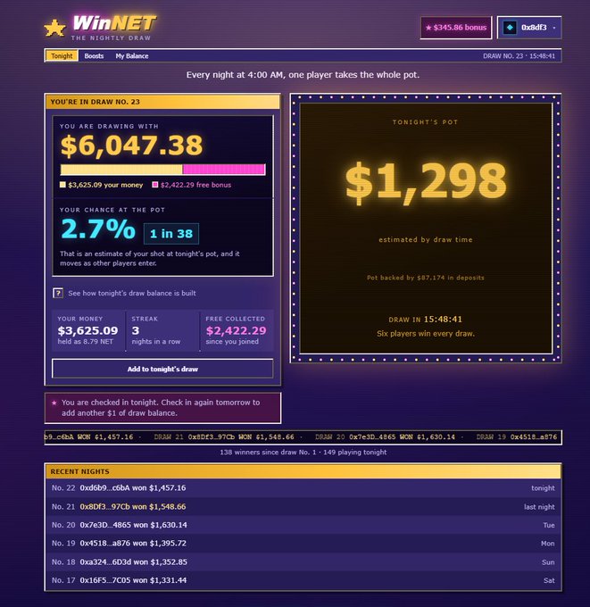 A screenshot of the 'WinNet - The Nightly Draw' platform showing a user in draw #23 with a 2.7% chance of winning the $1,298 pot, highlighting a $345.86 bonus and personal money details.