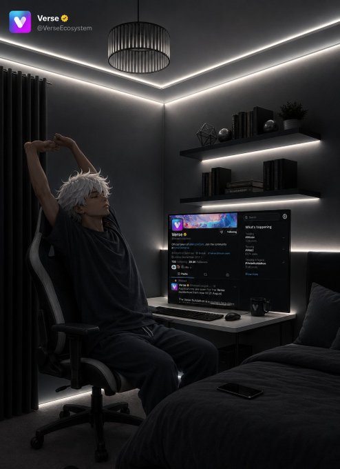 A young man with white hair stretches in his dimly lit bedroom, waking up and immediately turning to his computer monitor displaying the "Verse" (@VerseEcosystem) social media feed, perfectly illustrating the crypto user's morning routine of scrolling through CT (Crypto Twitter) before anything else.