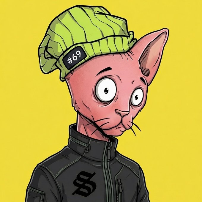 A cartoon illustration of a hairless cat wearing a green beanie labeled "#69" and a black jacket with an "S" logo, set against a yellow background.