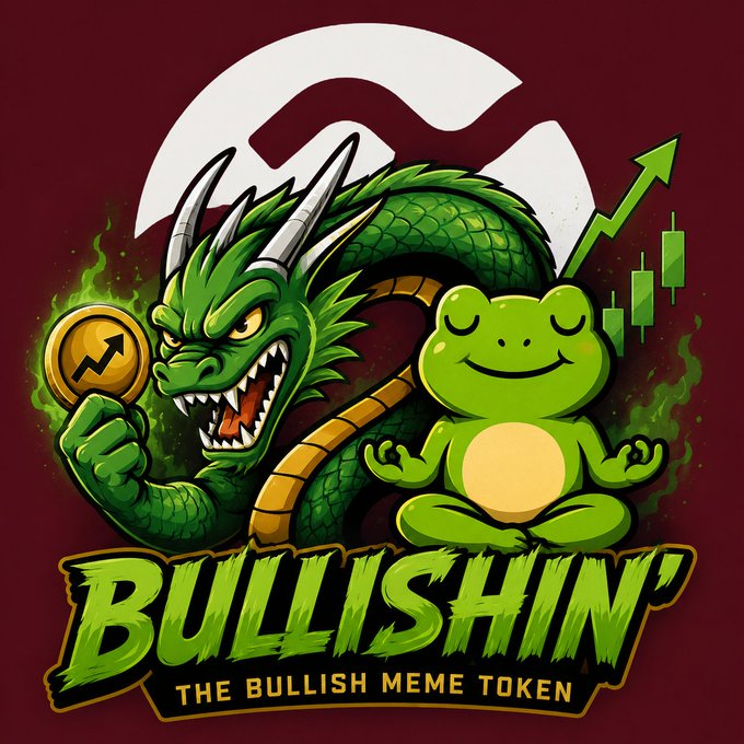 The image features a cartoon illustration of a green dragon, a frog, and a coin with an upward-pointing arrow. The text "Bullishin'", "the bullish meme token" and "position yourself legend." are also present in the image.