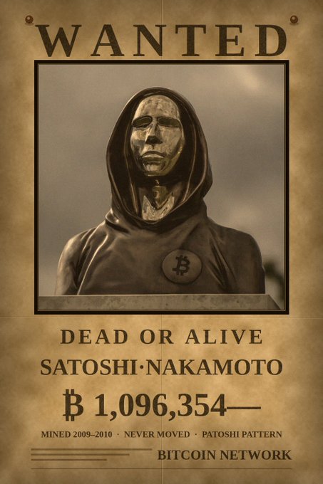 A 'WANTED' poster in the style of an Old West bounty notice featuring a hooded figure with a Bitcoin symbol, labeled 'SATOSHI NAKAMOTO - DEAD OR ALIVE' with a reward of ₿1,096,354 and noting 'MINED 2009-2010, NEVER MOVED, PATOSHI PATTERN' from the BITCOIN NETWORK