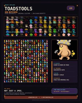 A promotional graphic for "Toadstools on Bitcoin" featuring 420 colorful pixel-art mushroom characters, with a golden toad character displayed alongside details like "ORIGINAL CULTURE," "ON-CHAIN IDENTITY," and a price of 420,000 sats, tying into the post's message about Nakamoto-era Bitcoin inscriptions.