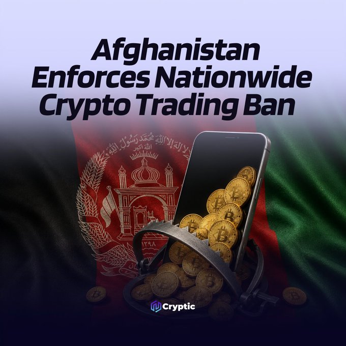 A graphic featuring the headline "Afghanistan Enforces Nationwide Crypto Trading Ban" over a backdrop of the Afghan flag, with a smartphone displaying Bitcoin coins surrounded by physical Bitcoin tokens and a shackle, accompanied by the "Cryptic" logo. The image visually reinforces the article's reporting on the Taliban's crackdown on cryptocurrency trading in Afghanistan, symbolizing the restrictions through imagery of shackles and coins.