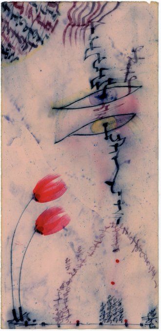 An abstract mixed-media artwork featuring watercolor washes, ink scribbles and script, and two delicate red poppy flowers on a muted beige background.