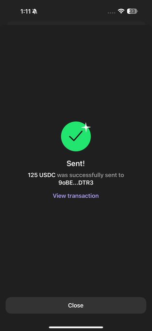 A mobile screen displays a successful transaction confirmation showing "125 USDC was successfully sent to 9oBE...DTR3" with a green checkmark. This relates to the post claiming to send $125 in SOL to followers, though notably the actual transfer shown was USDC (a stablecoin) rather than SOL (Solana) as advertised.
