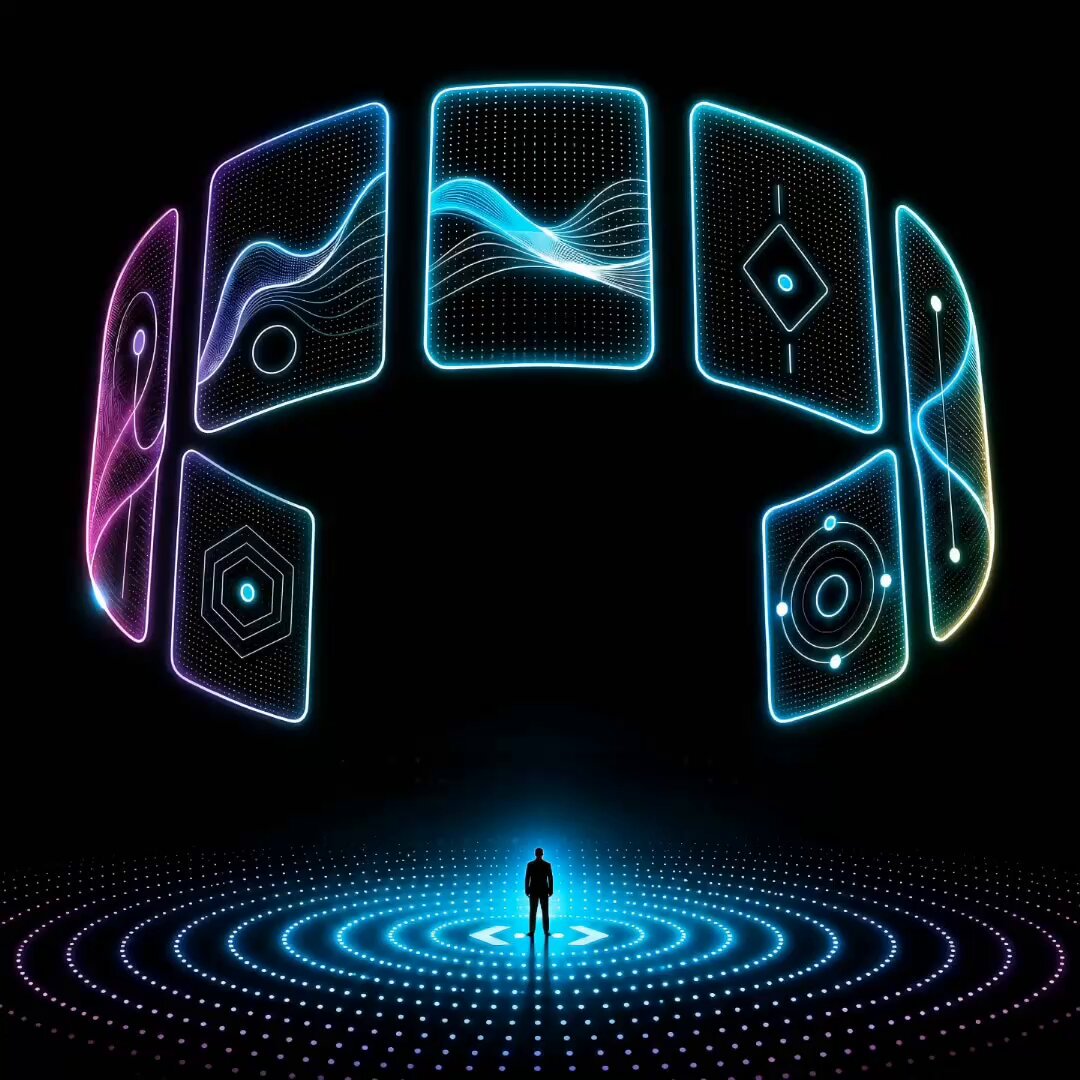The image features an animated man standing inside a room with an elaborate display of eight computer screens positioned at different angles against a black background. The screen arrangement creates a circular pattern, giving a sense of being trapped within a digital bubble. The man is the only human figure in this captivating setup and seems to be facing away from the screens directly towards the camera. The overall atmosphere suggests that he could be experiencing sensory overload or discomfort due to the overwhelming presence of these screens surrounding him.