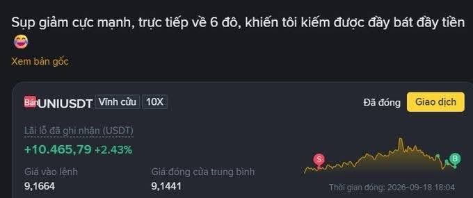 A Vietnamese-language cryptocurrency trading screenshot showing a UN/USDT position with profit of +10,465.79 (+2.43%), entry price 9.1664, average closing price 9.1441, and timestamp 2026-09-18 18:04.