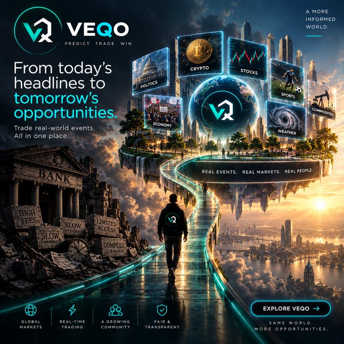 A promotional banner for VEQQ with the tagline 'From today's headlines to tomorrow's opportunities', featuring floating panels representing CRYPTO, STOCKS, POLITICS, SPORTS, ECONOMY, WEATHER, and COMMODITIES, with a figure walking on a glowing path and text 'REAL EVENTS. REAL MARKETS. REAL PEOPLE.'