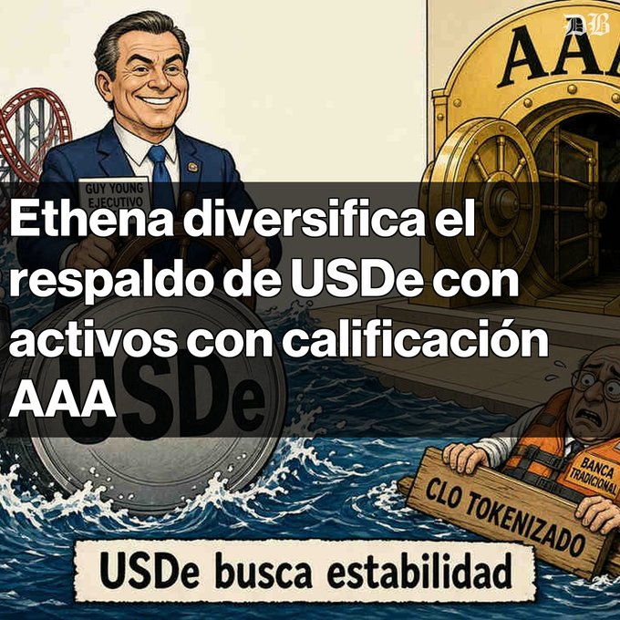 A cartoon illustration shows a smiling executive steering a 'USDe' ship toward an 'AAA' vault, with text 'Ethena diversifica el respaldo de USDe con activos con calificación AAA' and 'USDe busca estabilidad,' while a figure labeled 'BANCA TRADICIONAL' drowns holding a 'CLO TOKENIZADO' plank.