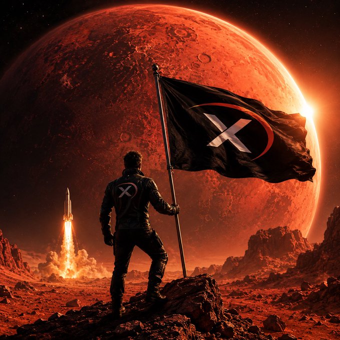 A lone figure in a black spacesuit plants a black flag bearing a stylized white "X" emblem on the rocky, red surface of Mars, with a rocket launching in the background and the massive planet looming behind. The imagery of an ambitious Mars mission and bold flag-planting ties directly to the $SPCX post's message about choosing between fading the stock or watching it soar to new heights.