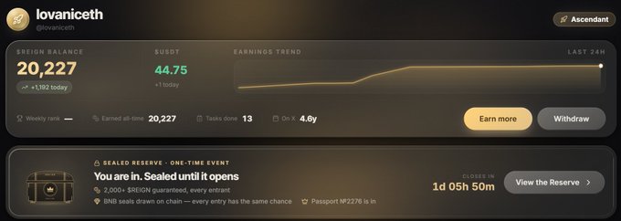 A screenshot of the 'lovaniceth' cryptocurrency dashboard showing a SUSHIB balance of 20,227 ($44.75), an upward earnings trend over 24 hours, and a 'Sealed Reserve' one-time event closing in 1 day 05h 50m.