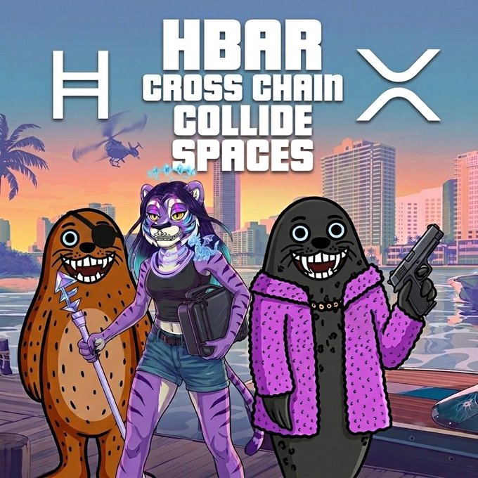 Promotional graphic for 'HBAR CROSS CHAIN COLLIDE SPACES' featuring the Hedera (H) and XRP logos, with cartoon characters including a tiger, a purple tiger woman, and a seal in a pink fur coat holding a gun against a sunset cityscape.