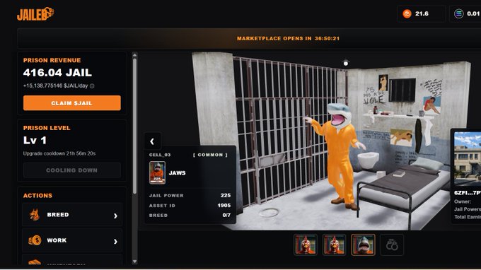 The image shows an account page from JOLLET, with a video of a person wearing orange scrubs standing inside a jail cell holding a gun. The background reveals that the game features prison cells as part of its gameplay. On the left side of the screen, there is a drop-down menu offering various options for character customization and abilities.