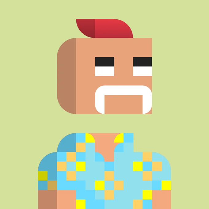 A simple digital illustration of a pixelated character with a red beret, angry eyes, and a blue/yellow checkered shirt against a light green background.