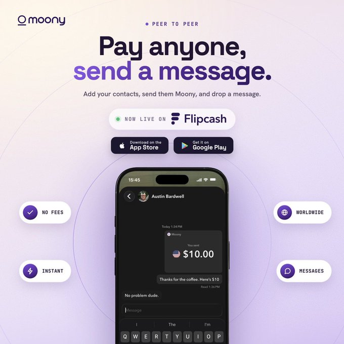 An app advertisement for 'Moony' showing the headline 'Pay anyone, send a message' alongside a phone mockup displaying a peer-to-peer transaction of $10.00.