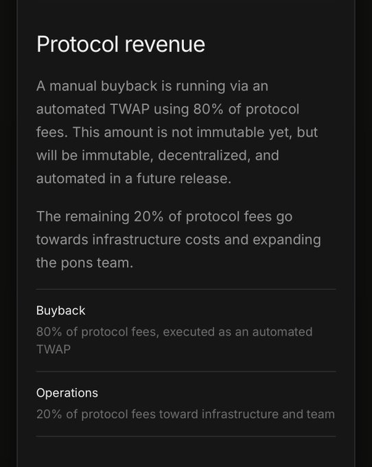 A graphic titled "Protocol revenue" outlines that 80% of PONS protocol fees are used for buybacks via automated TWAP, while the remaining 20% funds infrastructure and team operations. This visually reinforces the post's announcement of the buyback-and-burn mechanism for the $PONS token, emphasizing its current manual execution and planned transition to a fully automated, decentralized system.
