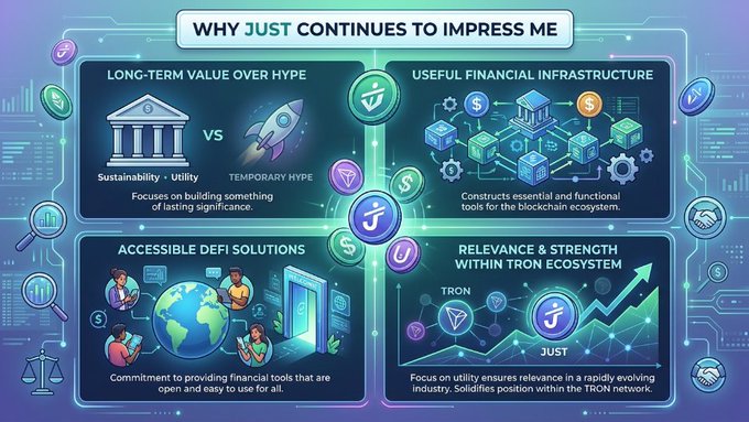 An infographic titled "Why JUST Continues to Impress Me" highlighting four reasons: long-term value over hype, useful financial infrastructure, accessible DeFi solutions, and relevance within the TRON ecosystem. The image visually reinforces the post's emphasis on JUST's utility-focused approach and its lasting significance within decentralized finance.