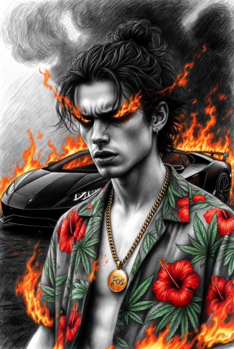 A digital illustration of a man in a floral shirt with a gold 'TOS' pendant, surrounded by flames with a black Lamborghini in the background.