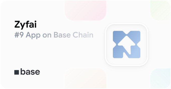 A Base chain app ranking card showing 'Zyfai' as '#9 App on Base Chain' with the Base logo.