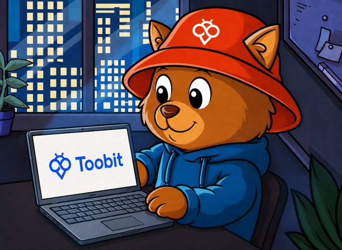 A cartoon bear wearing a red Toobit-branded hat works on a laptop displaying the Toobit logo, set against a nighttime city skyline backdrop. The image serves as a promotional graphic for the $BERT token's upcoming listing and spot trading launch on the Toobit exchange starting July 1.