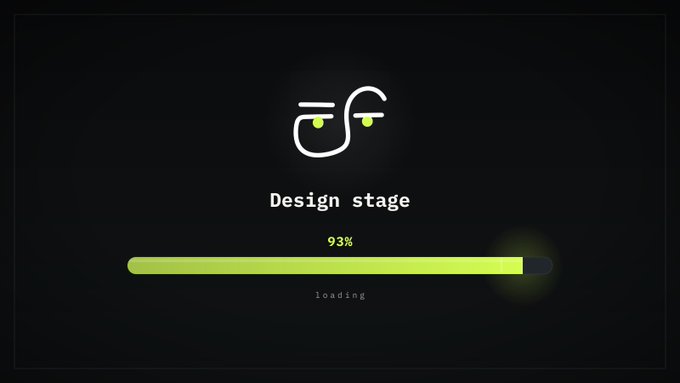 A dark-themed loading screen displays "Design stage" at 93% completion, featuring a minimalist logo of two stylized eyes and a nearly full green progress bar labeled "loading." The image aligns with the post's message about the project steadily nearing completion as it progresses toward the launch of "$BROW."