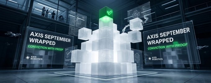 A promotional graphic features the text 'AXIS SEPTEMBER WRAPPED' and 'CONVICTION WITH PROOF' alongside the 'AXIS ROBOTICS' logo, set against a futuristic backdrop with glowing cubes.