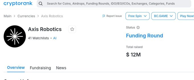 A screenshot from cryptorank.io showing the Axis Robotics project page, indicating it is in a Funding Round status with $12M total raised, categorized under AI and listed in 41 watchlists.
