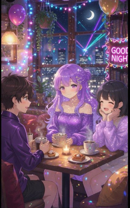 Three anime characters in purple outfits enjoy a cozy nighttime café gathering with hot drinks and pastries, decorated with string lights and a 'GOOD NIGHT' neon sign.