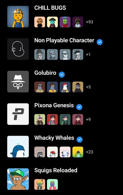 A screenshot of a cryptocurrency/NFT portfolio app displays NFT collections including Chill Bugs (+93), Non Playable Character (+1), Golubiro (+5), Pixona Genesis (+9), Whacky Whales (+23), and Squigs Reloaded, with the user's holdings counts highlighted by red boxes and corresponding numbers noted in the post.
