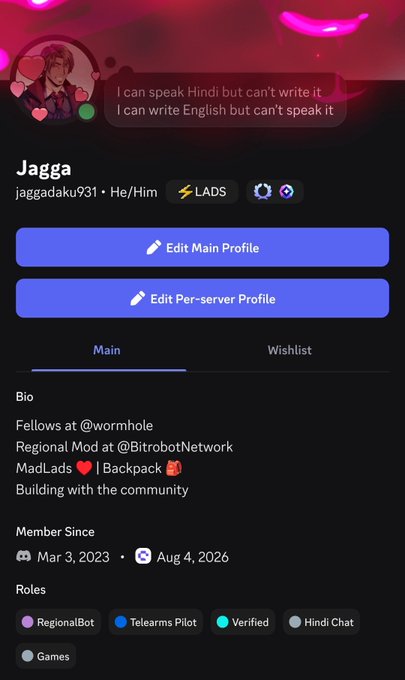 A Discord profile for user 'Jagga' (jaggadaku931) showing their bio 'Fellows at @wormhole', 'Regional Mod @BitrobotNetwork', and 'Member Since Mar 3, 2023'.