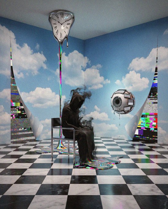 A surreal digital artwork showing a dark, shadowy figure sitting on a chair in a room with checkered floors, cloud-patterned walls, a melting clock on the ceiling, and glitching portals on either side.