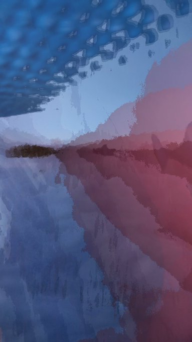 An abstract digital painting featuring broad brushstrokes in blue, pink, and purple tones, with a textured honeycomb or scale-like pattern in the upper left corner.