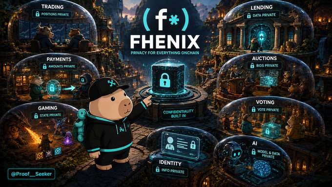 Promotional graphic for "Fhenix" ("Privacy for Everything Onchain") featuring a cartoon character in a hoodie pointing at a central padlock structure, surrounded by eight bubbles illustrating privacy applications like Trading, Lending, Auctions, and AI.