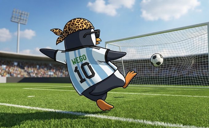 A cartoon illustration of a penguin wearing a leopard-print bandana, sunglasses, and an Argentina-style soccer jersey with 'WEGO 10', kicking a soccer ball on a field.