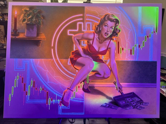 The image features a painting that depicts a woman sitting on the floor with a frying pan in front of her. The painting has a purple background, which contrasts with the pinkish-orange neon lights surrounding the artwork. The artist's signature can be seen at the bottom right corner of the painting. The post also mentions that there are two paintings included and encourages viewers to check out all the art being displayed and sold at @BTCPrague this coming week.