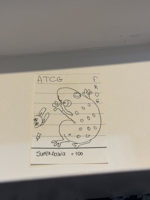 A hand-drawn Pokémon card on lined notebook paper labeled "ATCG FROG" with a sketch of a frog, designated as "Super Pawa +100," sitting on a white windowsill.