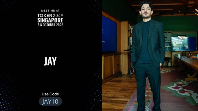 Promotional image for TOKEN 2049 Singapore (7-8 October 2026) featuring a man named Jay in a dark suit, offering a "JAY10" discount code for attendees, aligning with the post's announcement about his upcoming trip to Singapore for the conference.
