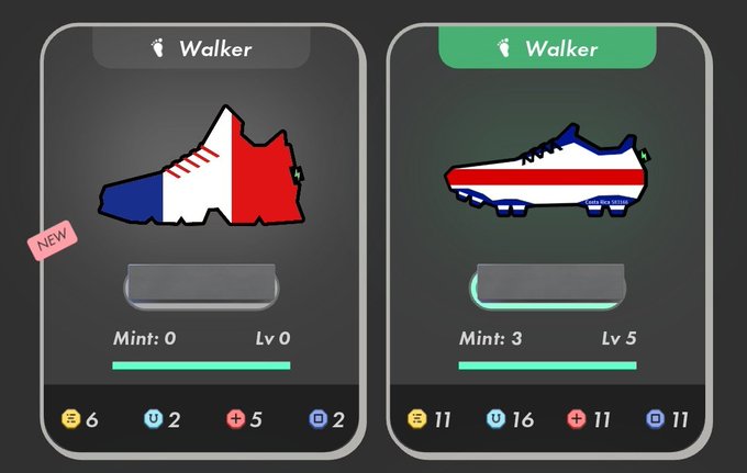The image features a pair of shoes, one red white and blue with a cartoon-like design, and another black shoe with a different design. The shoes are displayed side by side against a gray background, making them stand out prominently. The caption below the image reads "⇒ #stepn #fifaWorldCup". This suggests that these shoes might be related to a sports event or competition involving the FIFA World Cup.