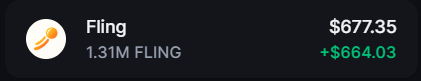 A digital display shows a token named 'Fling' with a market cap of 1.31M and a price of $677.35, showing a gain of +$664.03.