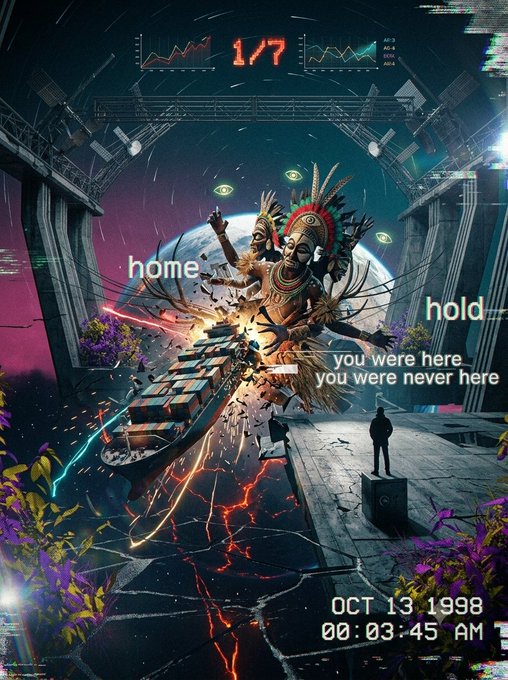 A dystopian AI-generated digital artwork depicting a tank crashing through a wall with a shaman-like figure emerging, overlaid with text including 'home', 'hold', 'you were here you were never here', and a timestamp 'OCT 13 1998 00:03:45 AM'.
