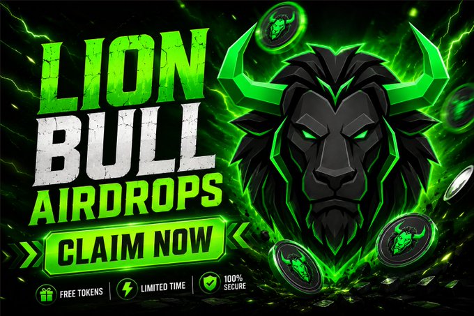 A promotional graphic for "LION BULL AIRDROPS" featuring a dark-maned lion with glowing green eyes and accents, surrounded by green coins with a bull emblem, with a "CLAIM NOW" button and text highlighting "FREE TOKENS," "LIMITED TIME," and "100% SECURE," aligned with the post promoting the $LBSEM airdrop on Solana.