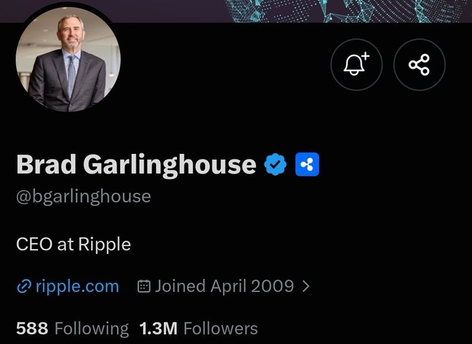The image shows a Twitter/X profile for Brad Garlinghouse (@bgarlinghouse), CEO at Ripple, displaying 588 following and 1.3M followers, with the caption jokingly noting his follower count will rise to 589 once they follow him.