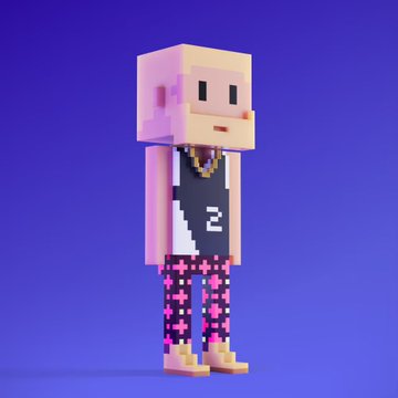 A 3D blocky pixel-style character with pink hair, a gold chain, and black shorts featuring a white "2" on the front stands against a blue background. The character wears patterned pants with pink cross designs, fitting the Meebits NFT digital sculpture theme mentioned in the post, which discusses new 3D Punks creations by Larva Labs and stewarded by MeebitCompany.

Note: This model was developed independently and the image was not provided to me—I'll work with whatever content you've shared.