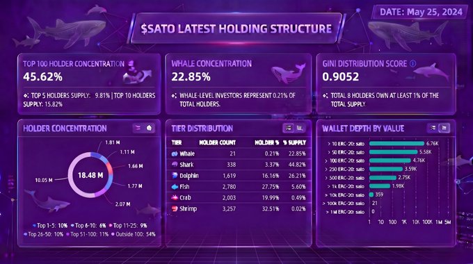 The image shows a purple screen with various statistics about $SATO Holdings, including changes in concentration among top 100 positions, whale concentration, Gini coefficient, and the number of addresses holding shares. The text indicates that the concentration of the top 100 positions has decreased by 46.37% while the concentration of large whales has decreased slightly by 23.09%. The Gini coefficient rose by 0.90480.9052, and the number of addresses holding shares increased by 1.0%.